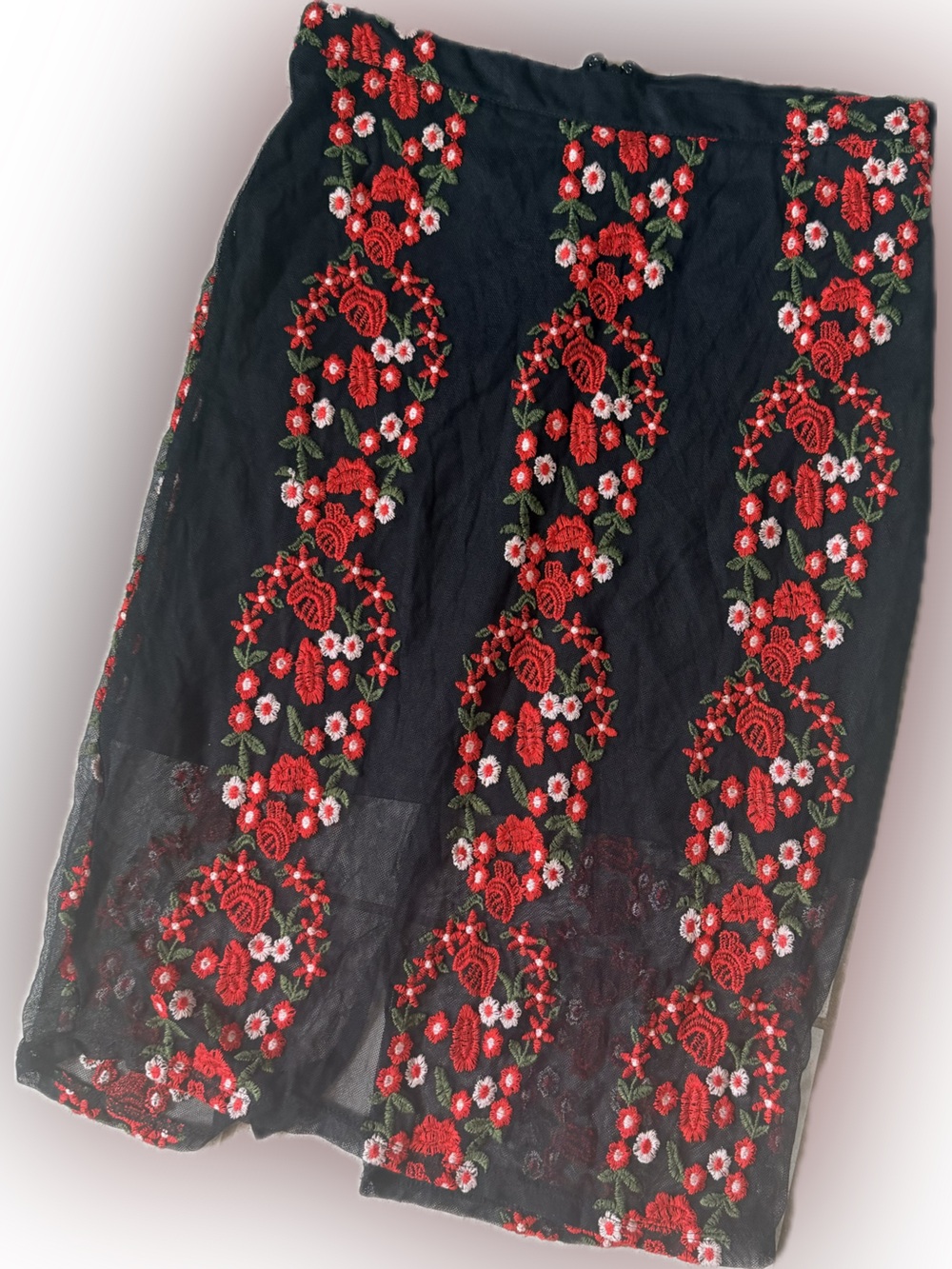 Forever 21 Black Pencil Skirt with Red Floral Embroidery